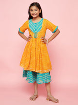 Mustard Leheriya Print Layered Dress