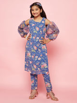 Blue Floral Print Kurta With Pant - Elganza