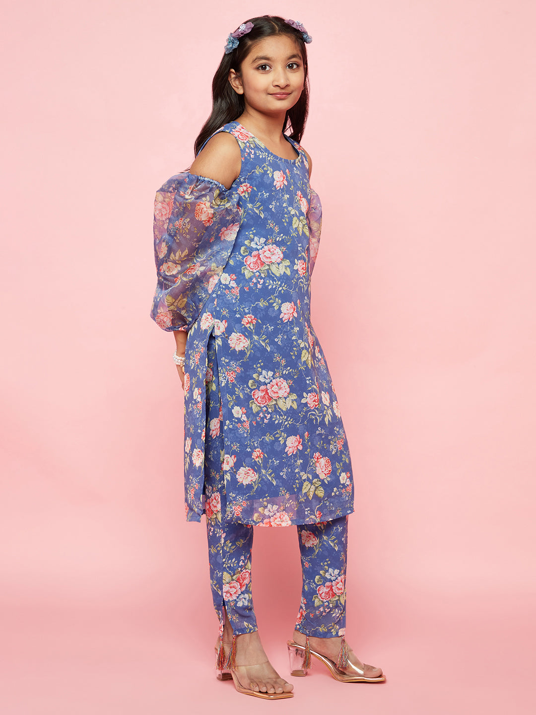 Blue Floral Print Kurta With Pant - Elganza