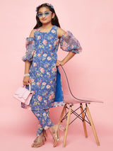 Blue Floral Print Kurta With Pant - Elganza