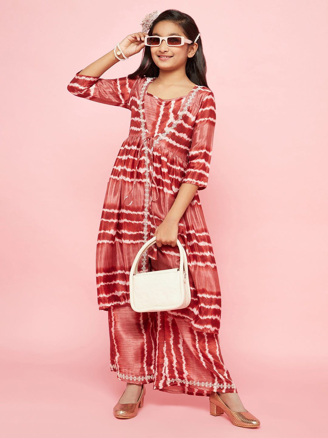 Brown Striped Top Palazzo With Jacket