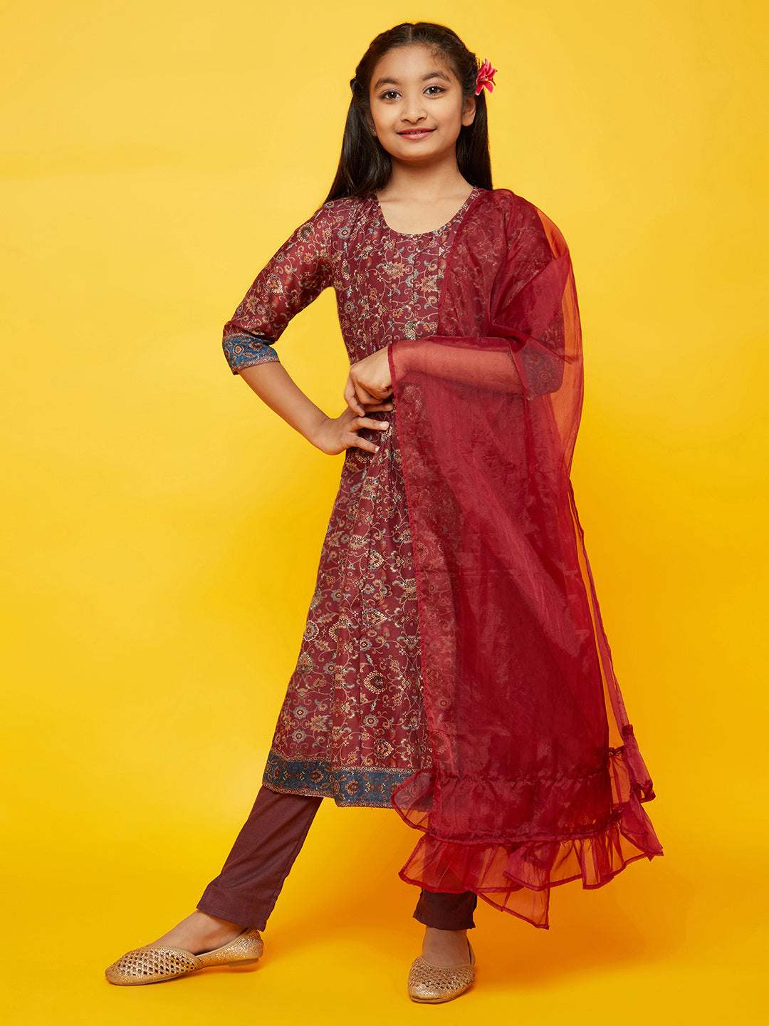 Burgundy Floral Print Anarkali Pant With Dupatta