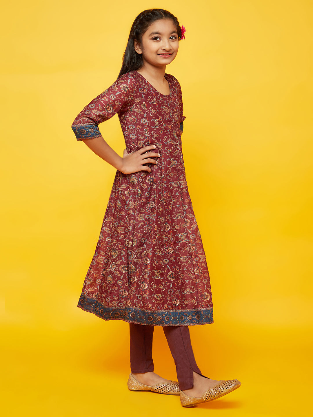 Burgundy Floral Print Anarkali Pant With Dupatta