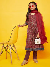 Burgundy Floral Print Anarkali Pant With Dupatta