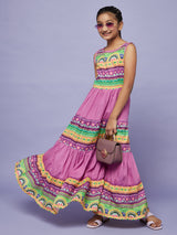Purple Printed Flared Dress
