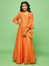 Orange Checked Long Dress With Bag
