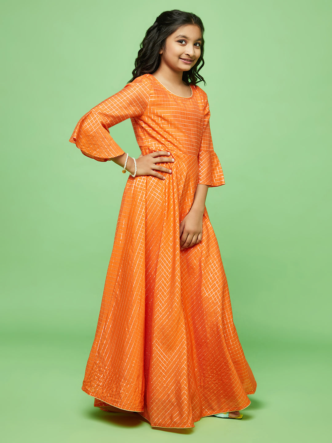 Orange Checked Long Dress With Bag
