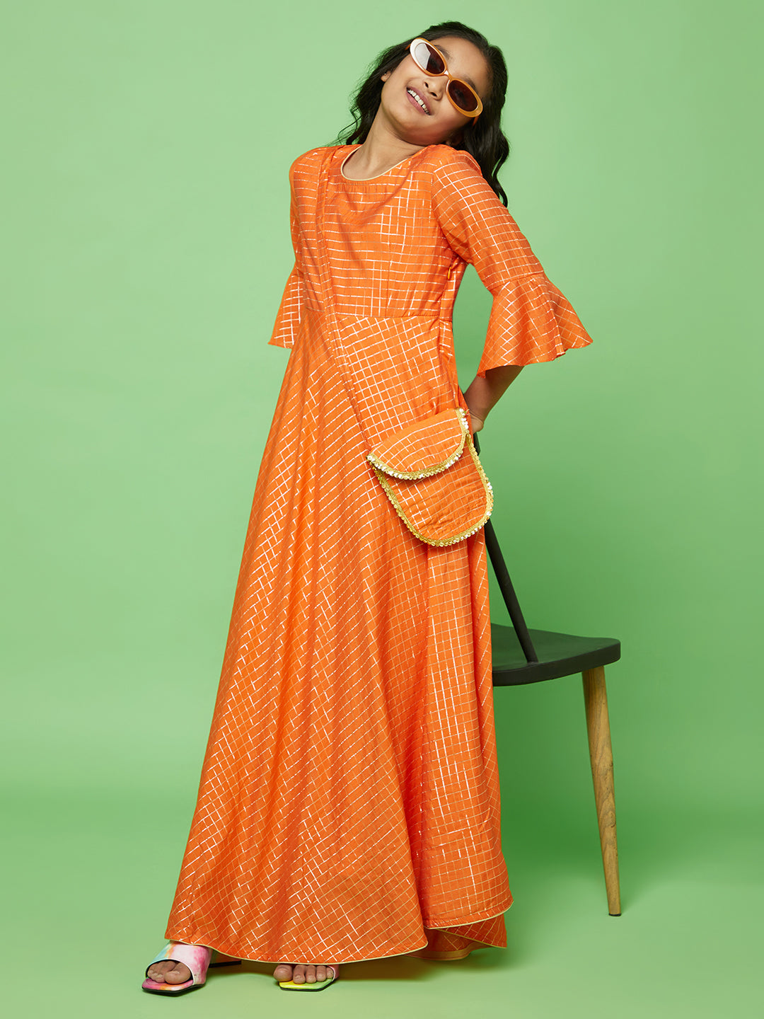 Orange Checked Long Dress With Bag