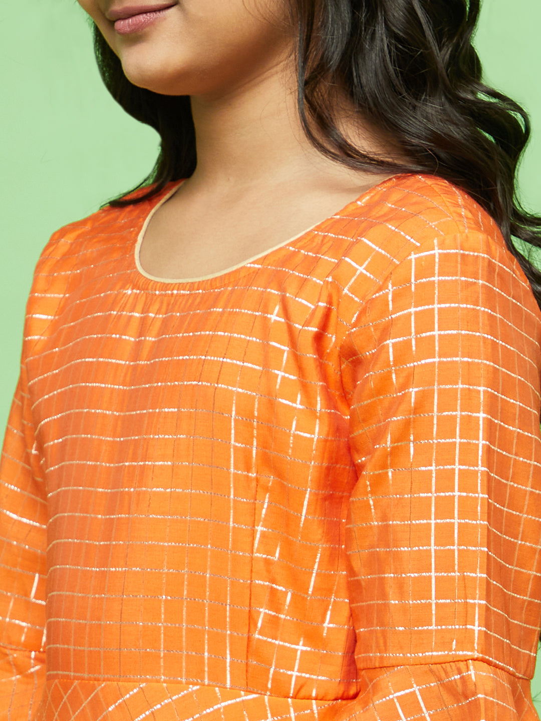 Orange Checked Long Dress With Bag