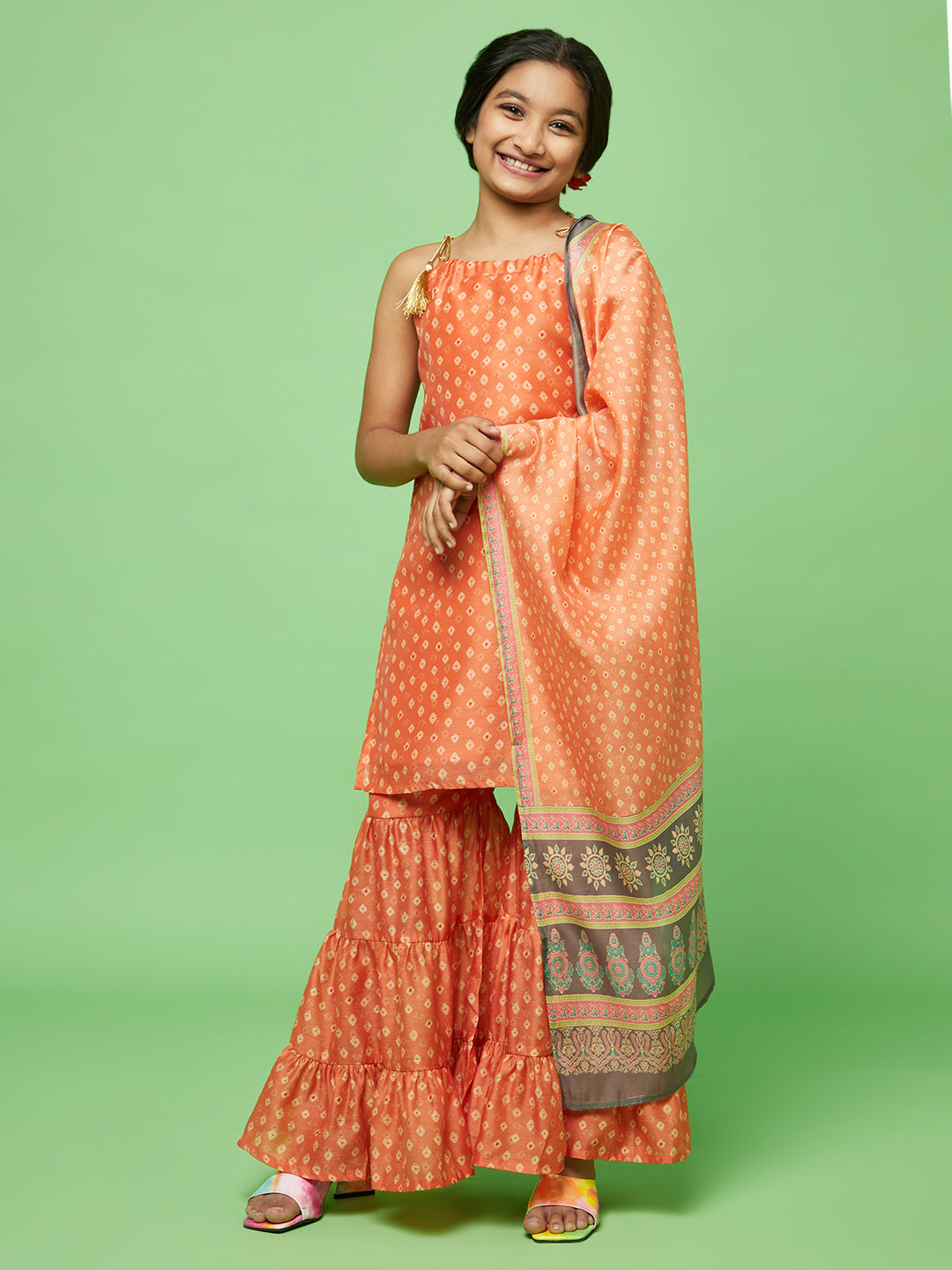 Orange Digital Print Kurta Sharara With Dupatta