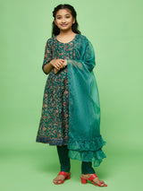 Green Floral Print Anarkali Pant With Dupatta
