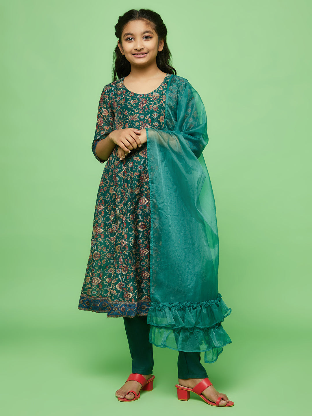Green Floral Print Anarkali Pant With Dupatta