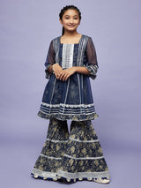 Navy Blue Floral Print Kurta Sharara With Jacket