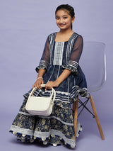 Navy Blue Floral Print Kurta Sharara With Jacket