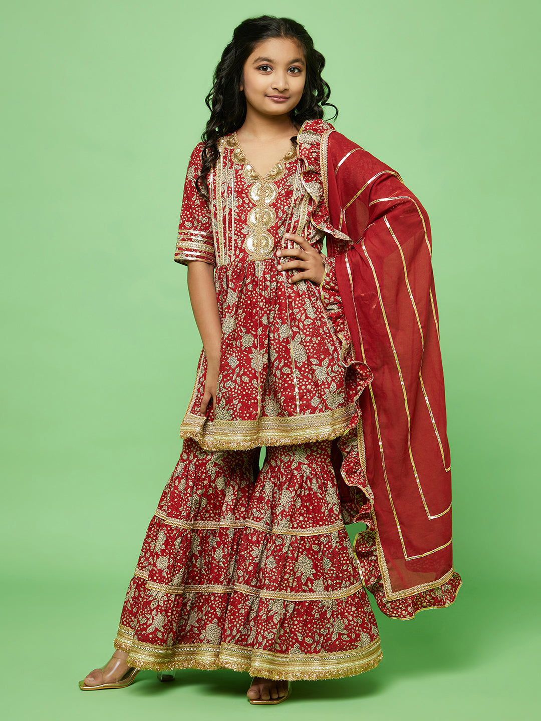 Red Floral Print Kurta Sharara With Dupatta - Elganza