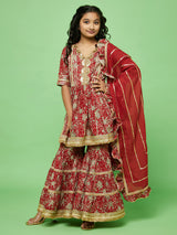 Red Floral Print Kurta Sharara With Dupatta - Elganza