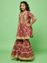 Red Floral Print Kurta Sharara With Dupatta - Elganza