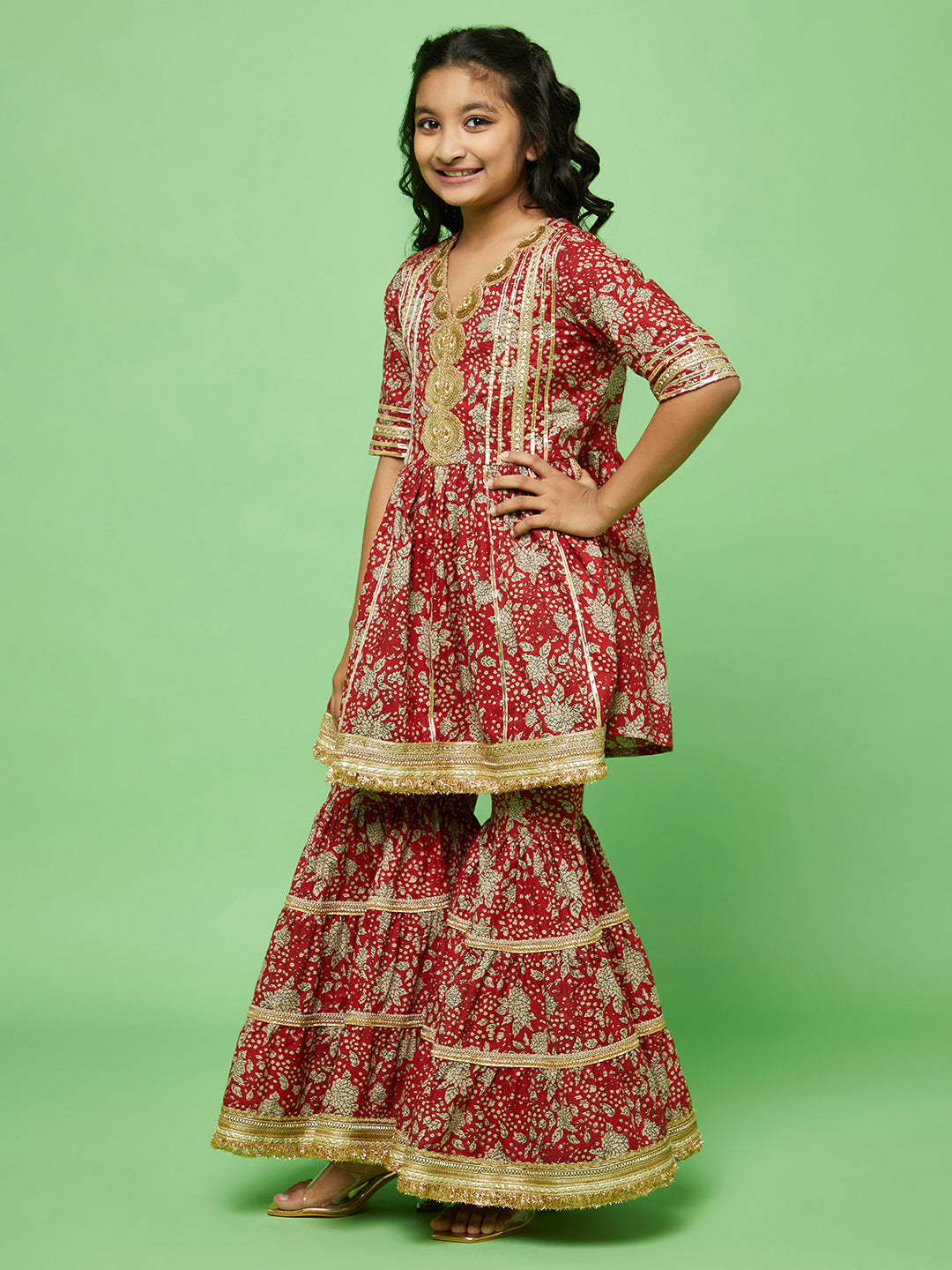 Red Floral Print Kurta Sharara With Dupatta - Elganza