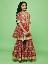 Red Floral Print Kurta Sharara With Dupatta - Elganza