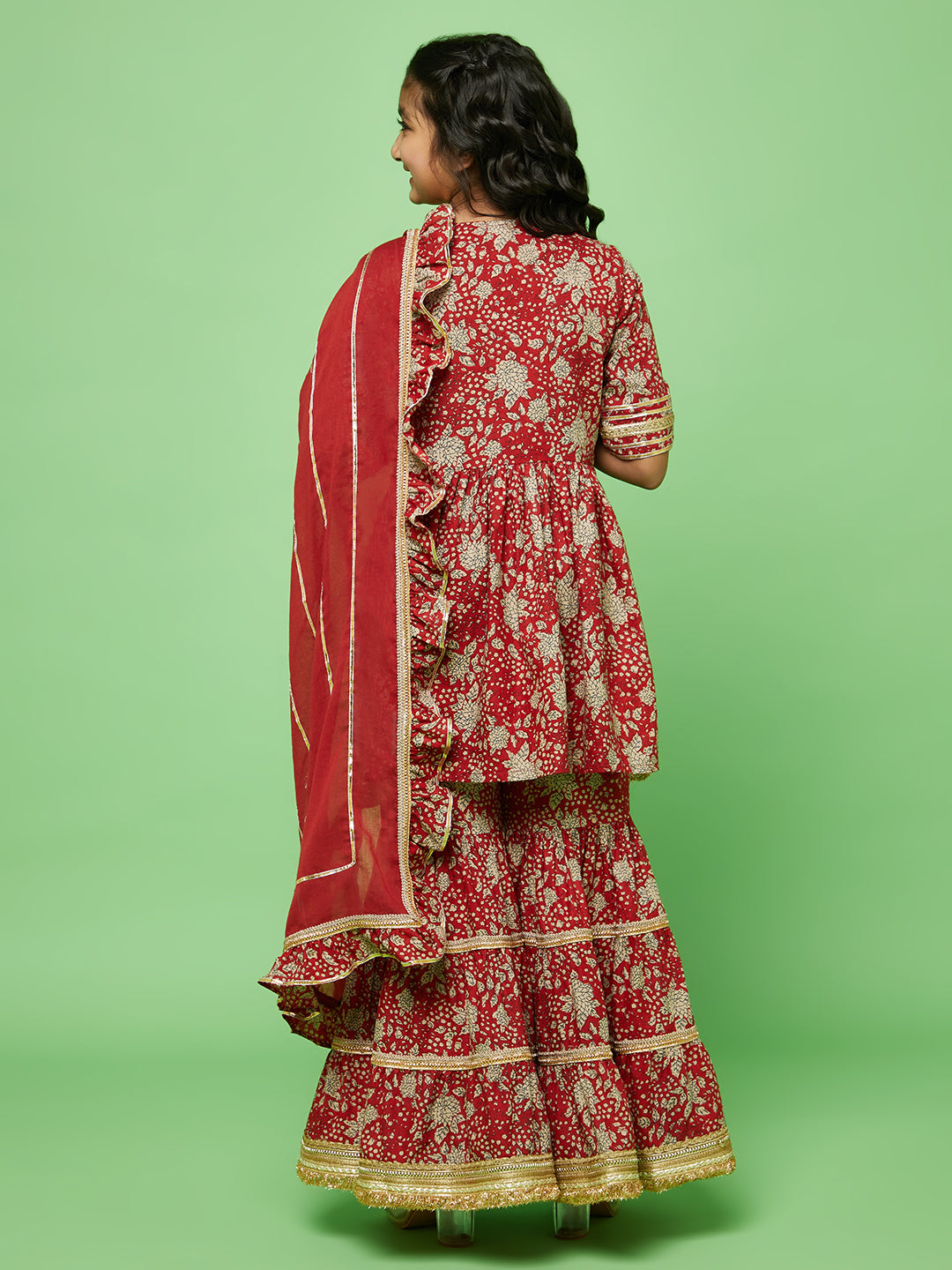 Red Floral Print Kurta Sharara With Dupatta - Elganza