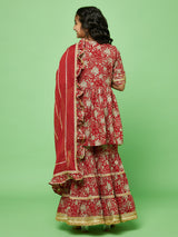 Red Floral Print Kurta Sharara With Dupatta - Elganza