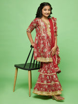 Red Floral Print Kurta Sharara With Dupatta - Elganza