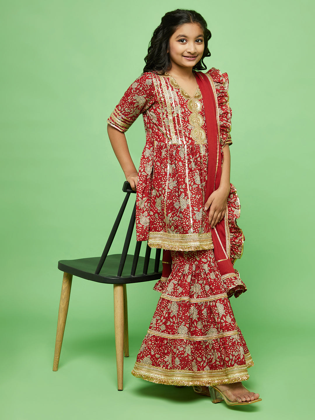 Red Floral Print Kurta Sharara With Dupatta - Elganza