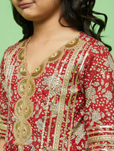 Red Floral Print Kurta Sharara With Dupatta - Elganza