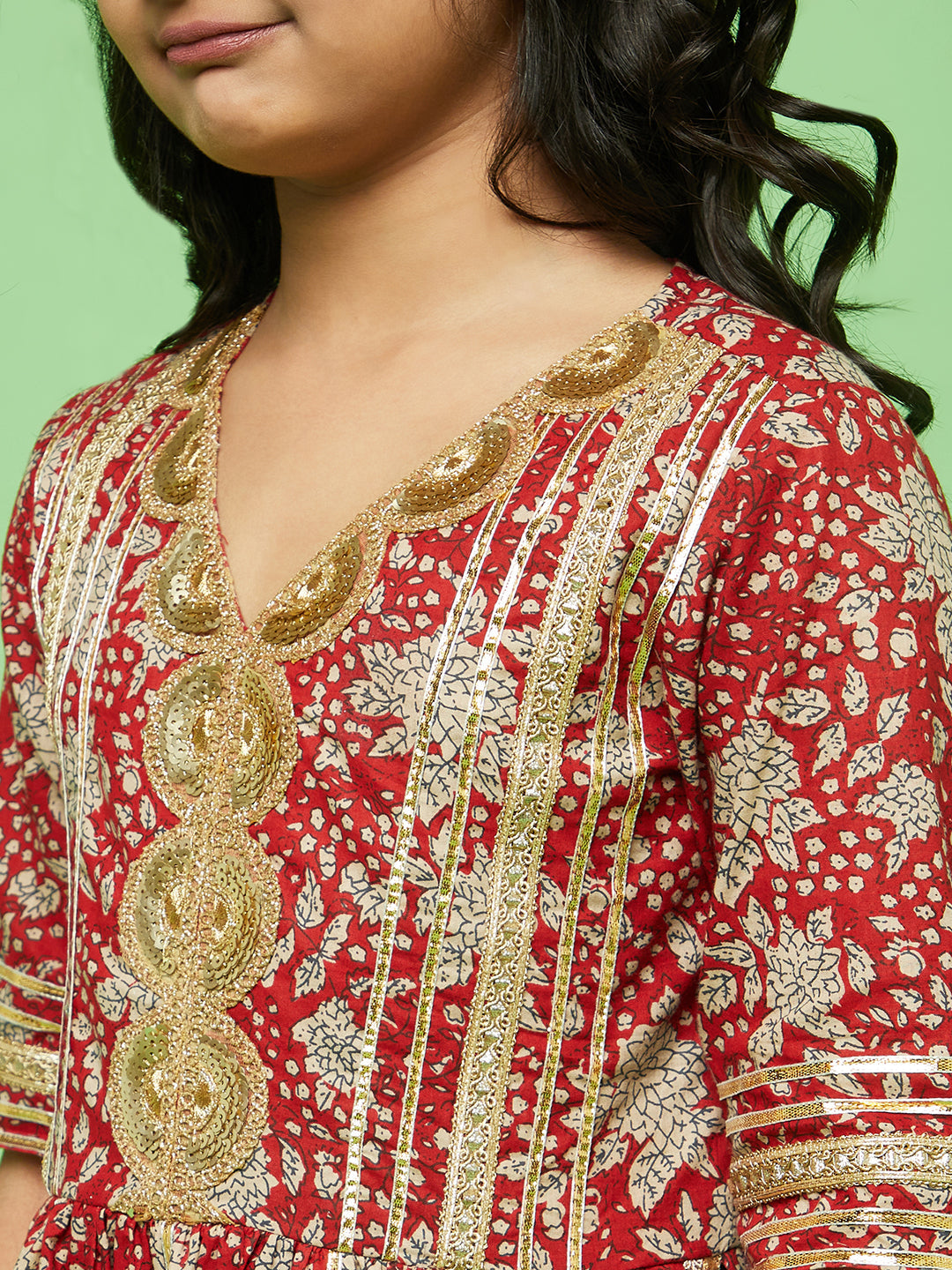 Red Floral Print Kurta Sharara With Dupatta - Elganza