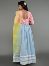 Blue & Pink Dobby Design Lehenga Choli With Dupatta