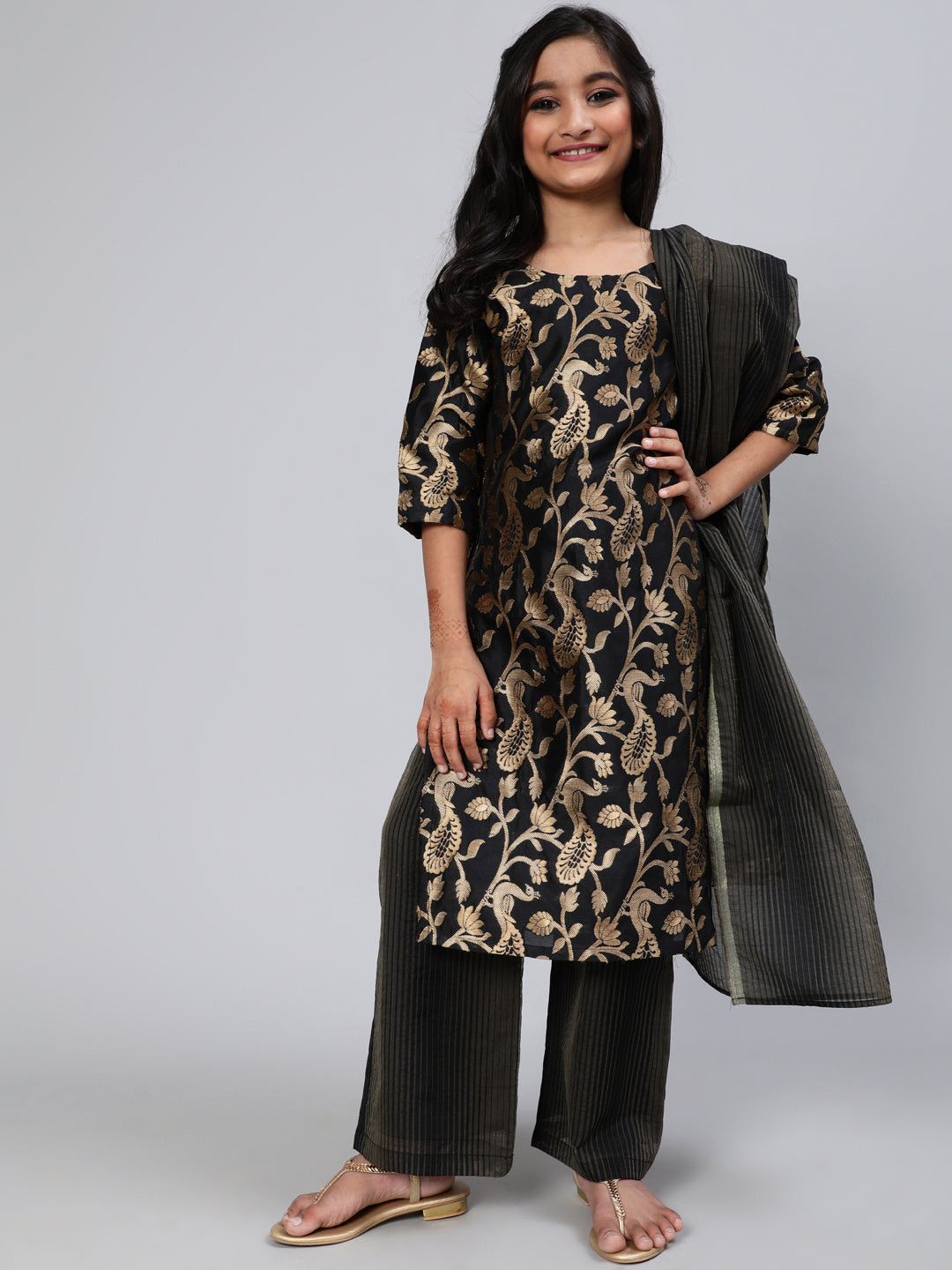 Black Brocade Designed Kurta Palazzo With Dupatta