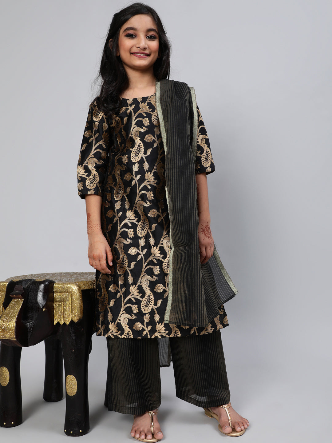 Black Brocade Designed Kurta Palazzo With Dupatta