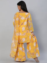 Yellow Floral Print Kurta Sharara With Dupatta