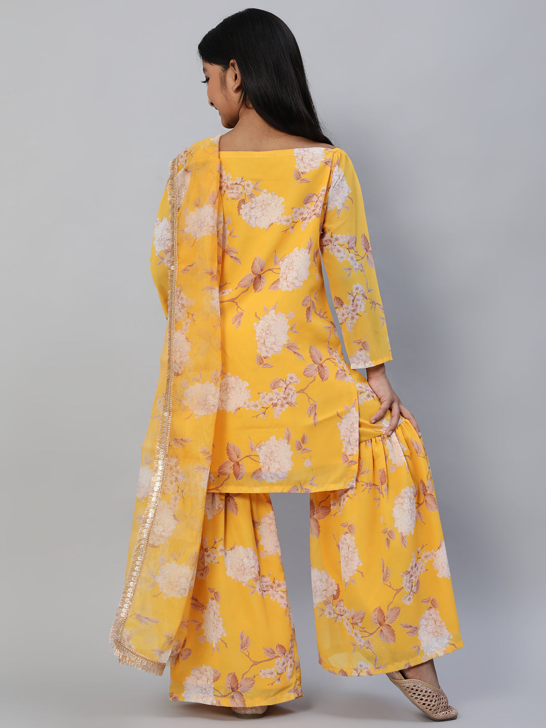 Yellow Floral Print Kurta Sharara With Dupatta