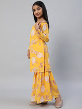 Yellow Floral Print Kurta Sharara With Dupatta