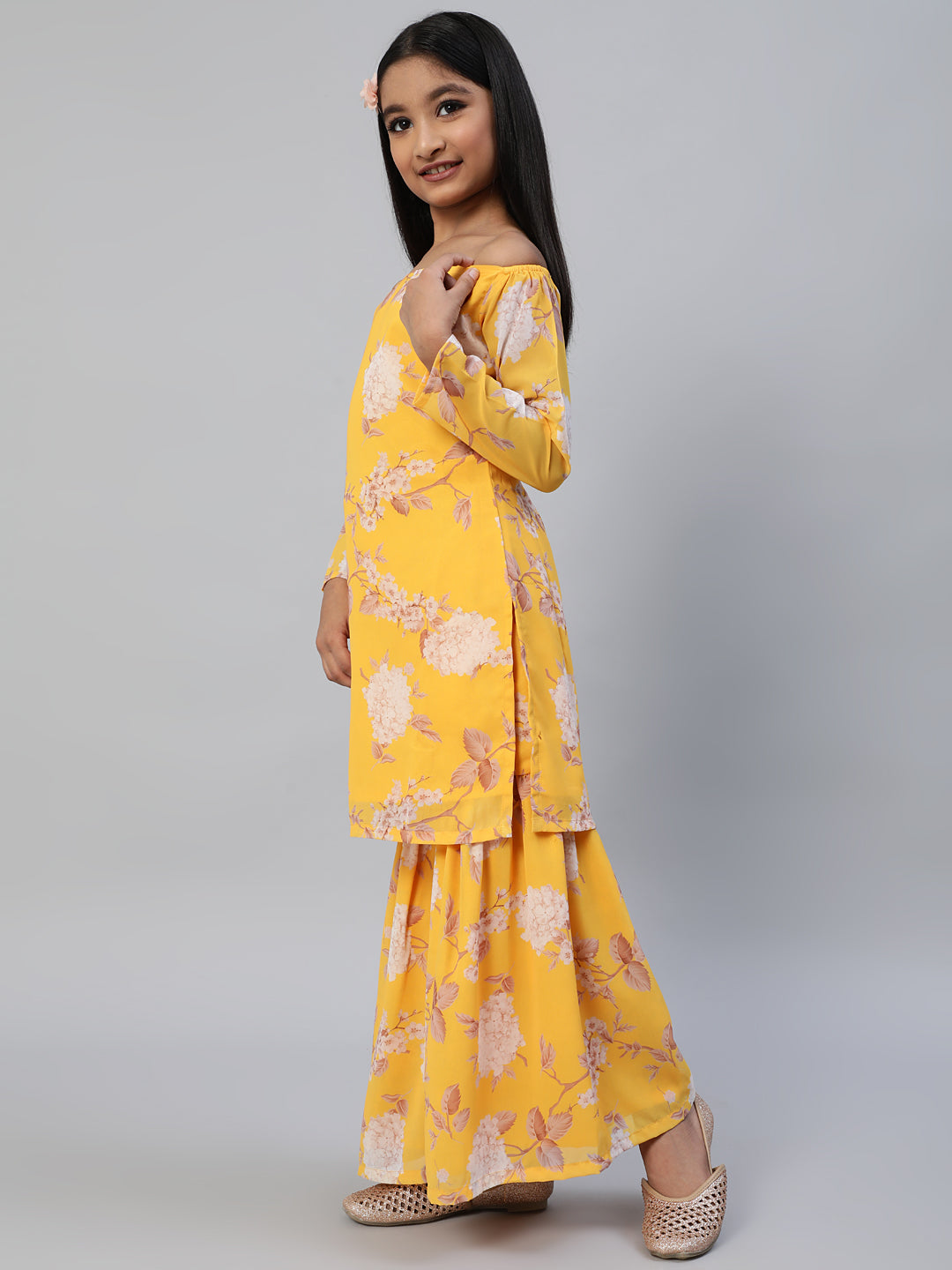 Yellow Floral Print Kurta Sharara With Dupatta