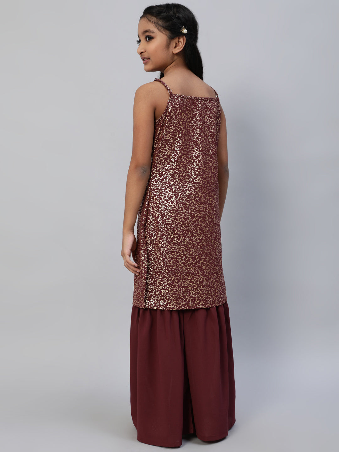 Burgundy Foil Printed Kurta With Sharara