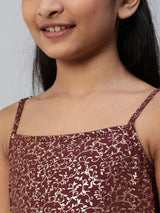 Burgundy Foil Printed Kurta With Sharara
