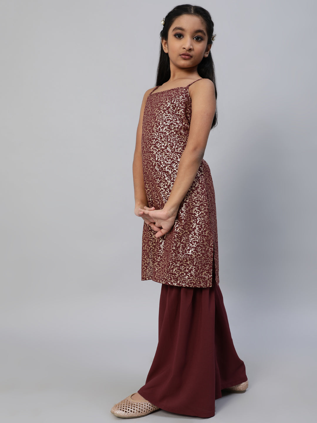 Burgundy Foil Printed Kurta With Sharara