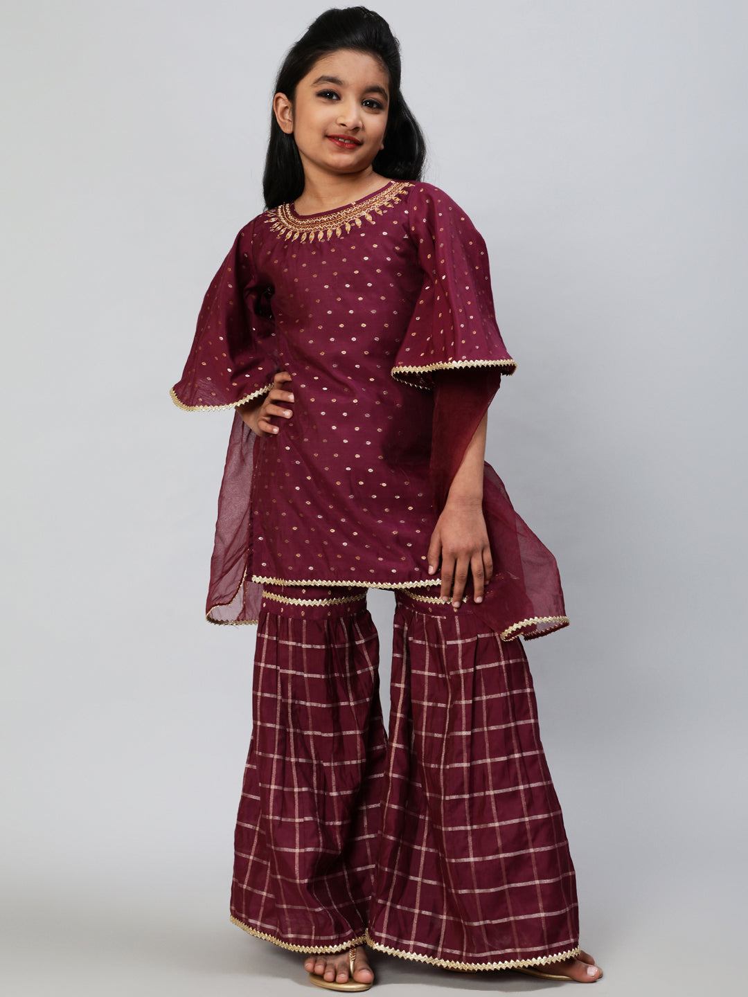 Burgundy Woven Designed Kurta Sharara With Dupatta