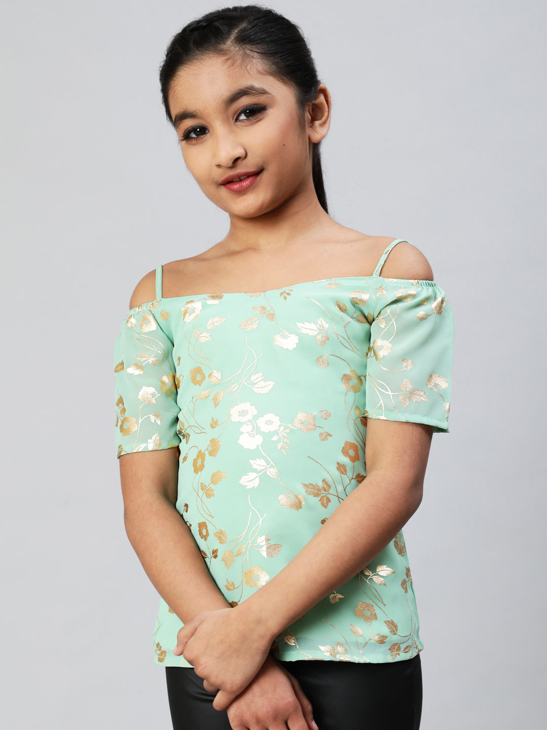 Sea Green Floral Print Top - Elganza