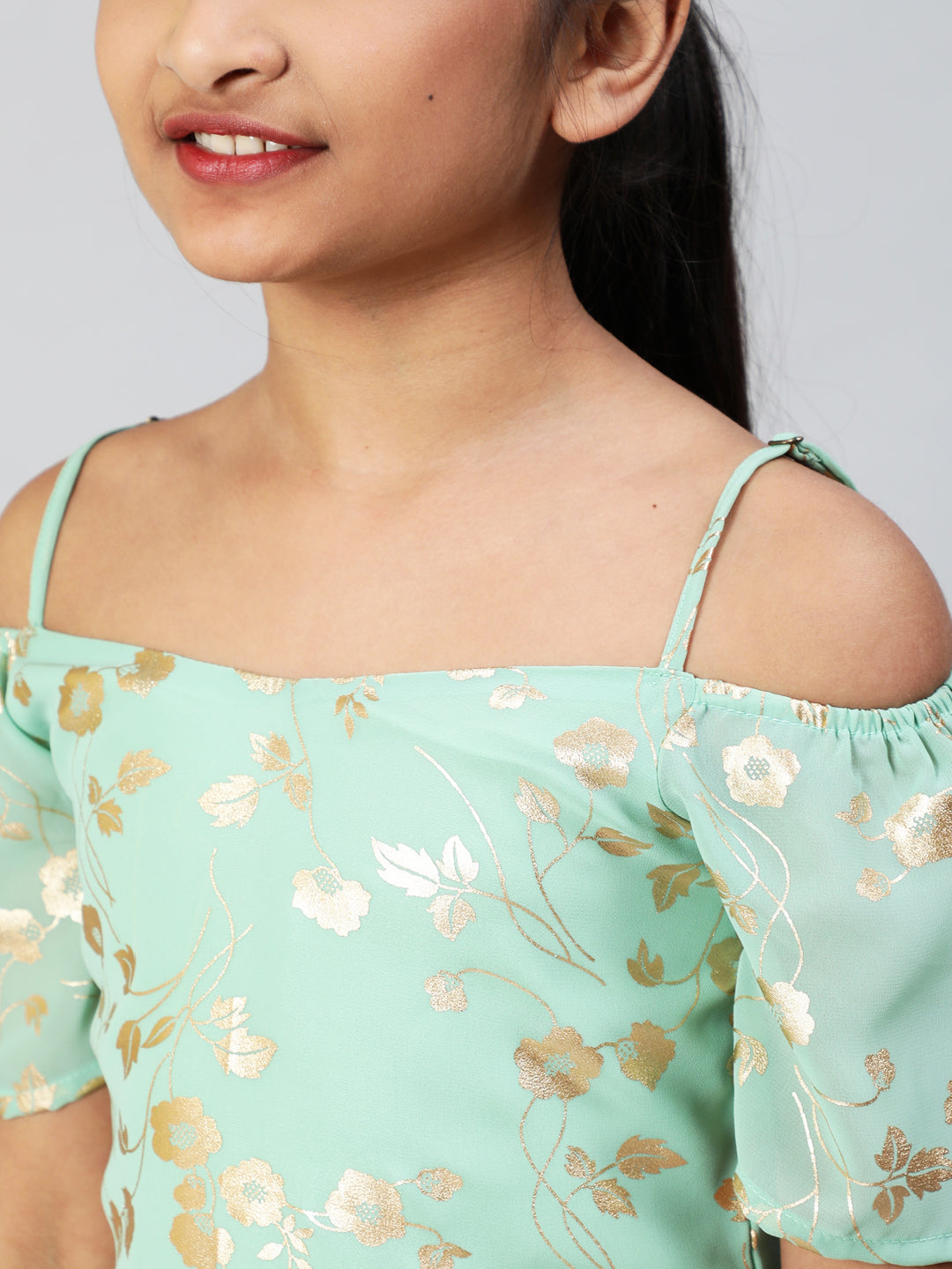 Sea Green Floral Print Top - Elganza