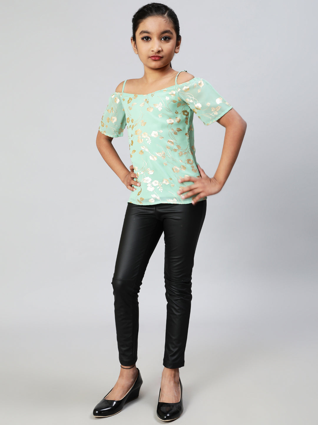 Sea Green Floral Print Top - Elganza