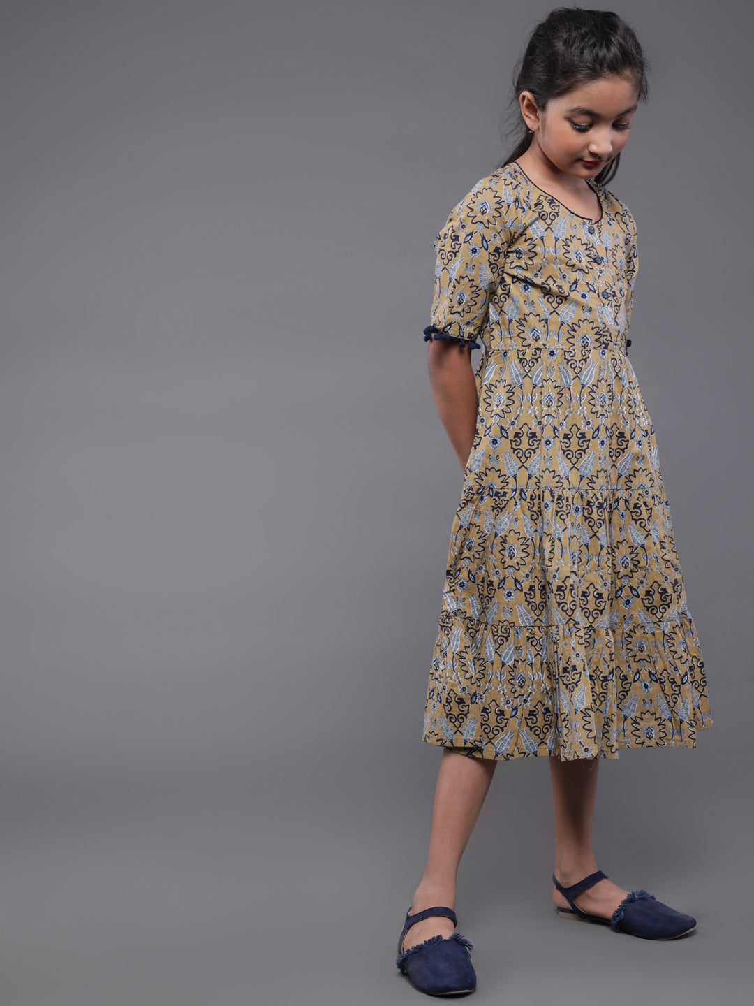 Beige Printed Tiered Dress