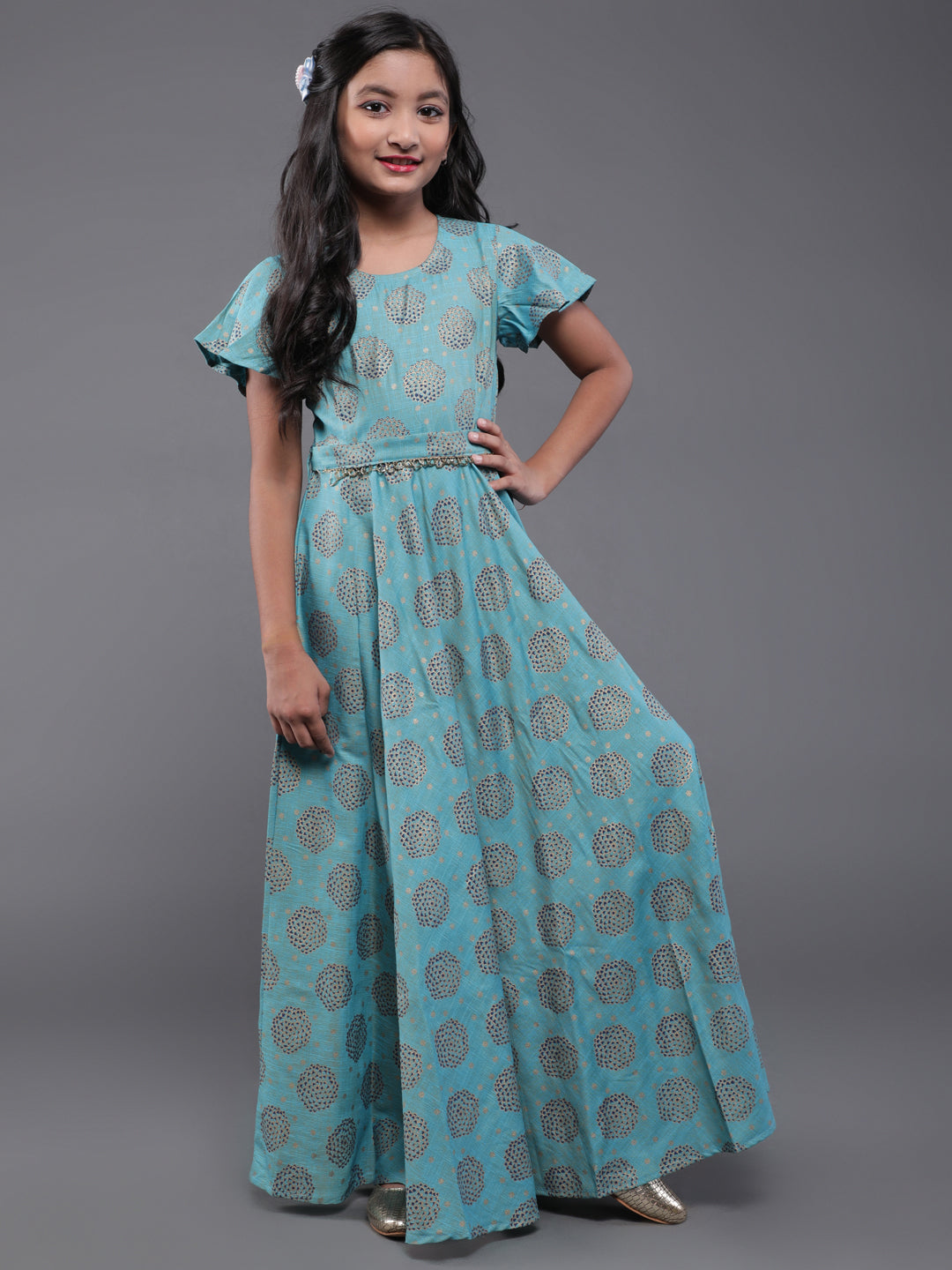 Blue Printed Flared Maxi Dress - Elganza