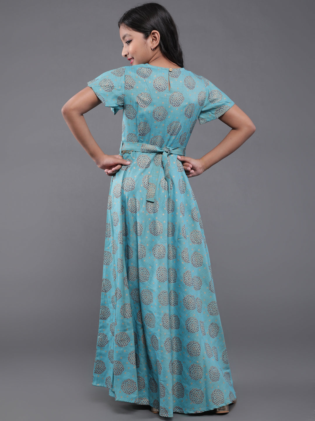 Blue Printed Flared Maxi Dress - Elganza