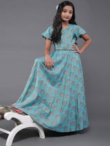 Blue Printed Flared Maxi Dress - Elganza