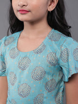 Blue Printed Flared Maxi Dress - Elganza