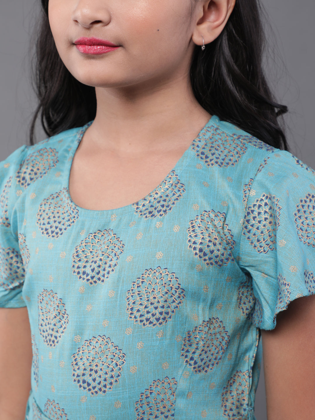 Blue Printed Flared Maxi Dress - Elganza