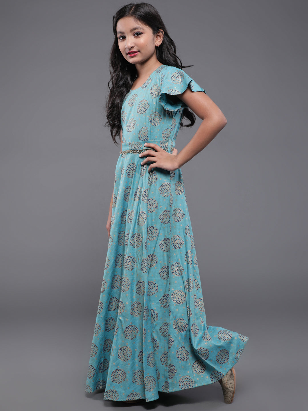 Blue Printed Flared Maxi Dress - Elganza